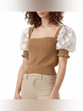 French Connection Knit Top w/ Sheer Floral Puff Sleeves Tan Size S Cottagecore